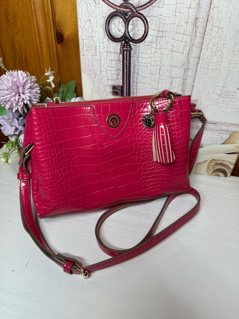 Anne Klein Hot Pink Croc-Embossed Crossbody with Tassel